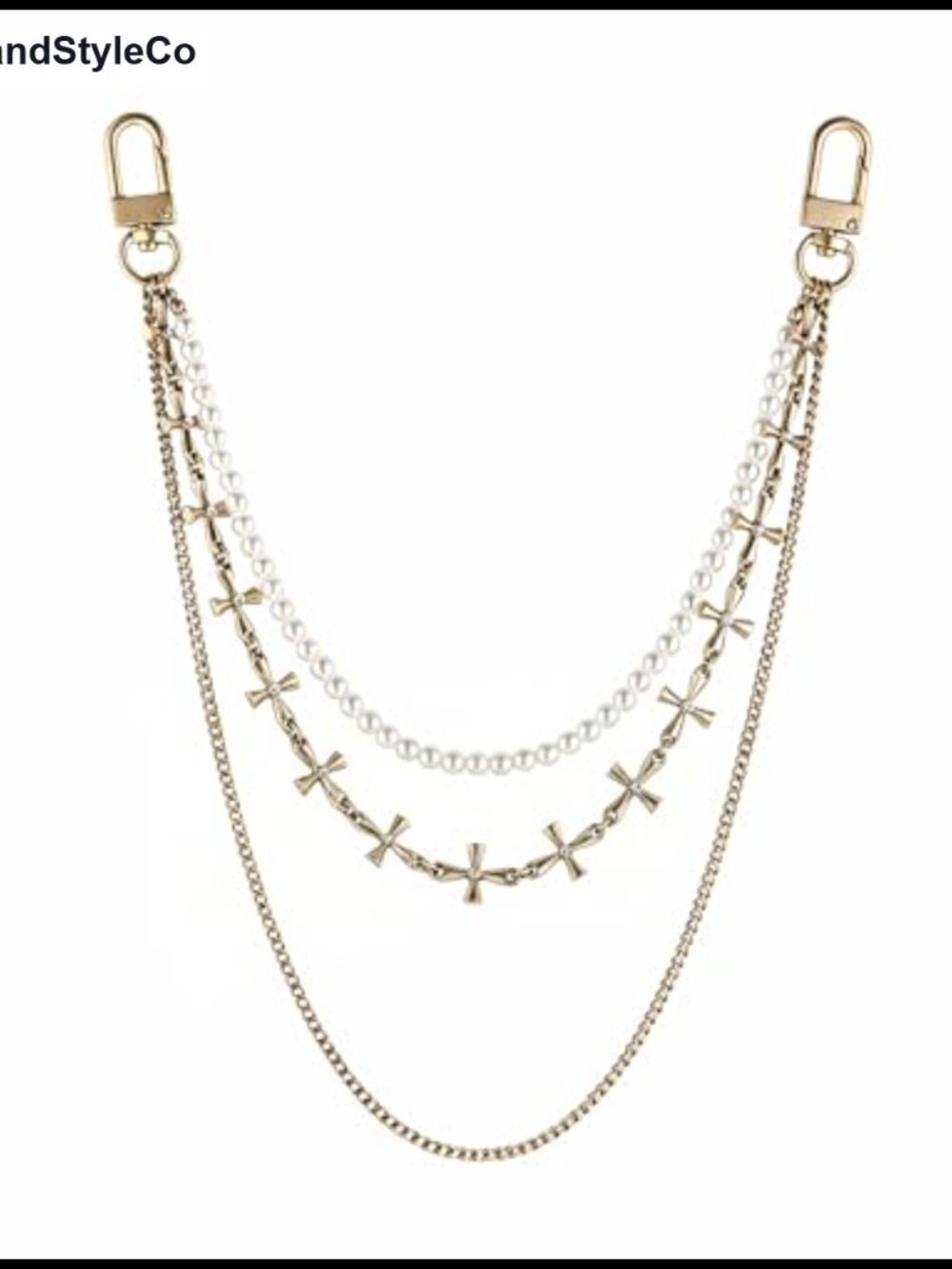 Double Layer Brass Plated Gold Pants Chain Purse Accessory Bow Key Cross Pearl